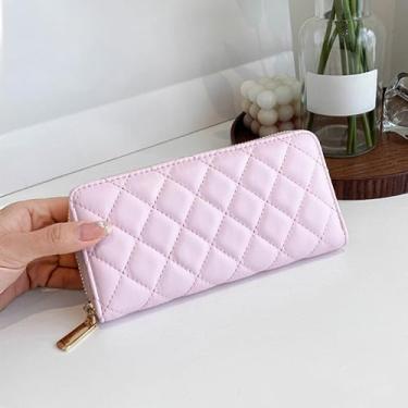 Imagem de Carteira feminina de couro PU com bloqueio de RFID, porta-cartões, bolsa clutch com zíper e bolso para moedas elegante, rosa