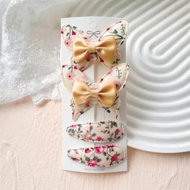 Imagem de 4 peças de laços de cabelo para mulheres, tecidos, laço, padrão de flor, presilhas de cabelo bege, acessórios de grampo de cabelo grande