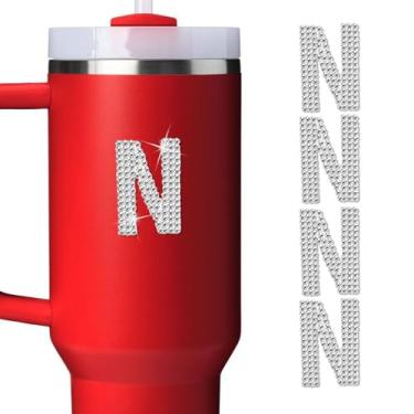 Imagem de LUHOHI 4 peças de adesivos com letras iniciais de strass brilhante - Grande glitter alfabeto personalizado nome monograma decalques brilhantes para copo Stanley garrafas de água graduação boné bagagem