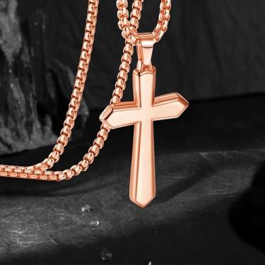 Imagem de Colar de cruz para mulheres, pingente de corrente de aço inoxidável ouro rosa/preto/prata, simples, delicado, 55 cm, 12#, Aço inoxidável, Sem Pedra Preciosa