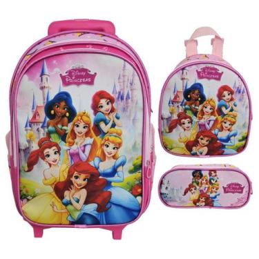 Imagem de Kit Mochila Escolar com Rodinha Estojo e Lancheira Princesas - Genéric