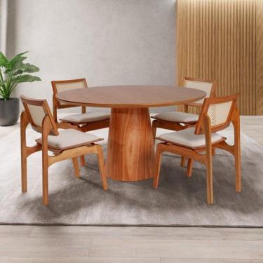 Imagem de Conjunto Mesa com 4 Cadeiras de Madeira Maciça Rattan Natural e Estofa