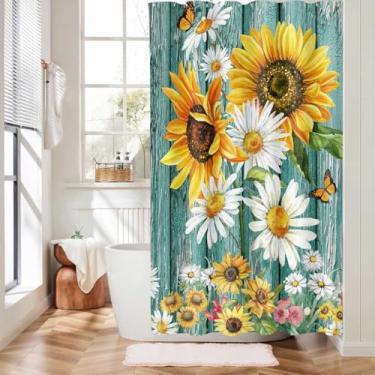 Imagem de MCCKTIU Cortina de chuveiro Farmhouse girassol para banheiro, cortina de chuveiro de tecido poliéster de secagem rápida rústica margarida borboleta azul-petróleo, impermeável, de secagem rápida, 152 x