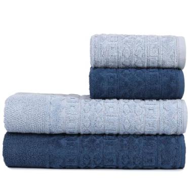 Imagem de Toalha de Banho Gigante, Jogo/Kit 4 Toalhas (2 Banho + 2 Rosto) Macia Algodão Luxo Barra Aveludada Alta Absorção(Marinho + Céu de Inverno)