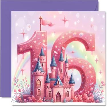 Imagem de Stuff4 Cartões de aniversário de 16 anos para meninas - Castelo de fadas princesas - Cartão de feliz aniversário para menina de 16 anos enteada afilhada neta-sobrinha, cartões comemorativos de