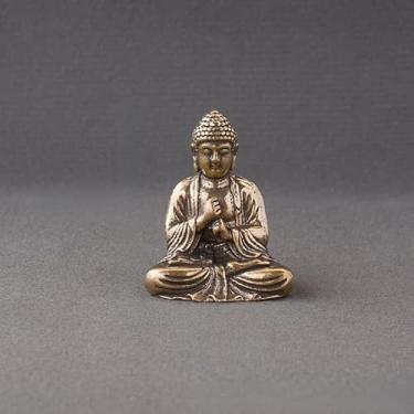Imagem de SAINWORDS Meditação Buda estátua de Buda estatueta de metal cobre latão portátil tamanho mini escultura de viagem altar escritório decoração de mesa painel de carro acessórios zen ornamentos (A)