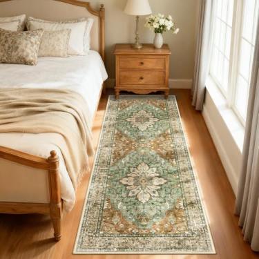 Imagem de RELEANY Area Rugs 6 x 15 cm lavável aspirador de pó, antiderrapante, estampa floral vintage tapete medalhão para sala de estar quarto tijolo vermelho ferrugem marrom neutro laranja verde queimado
