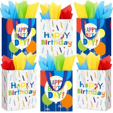 Imagem de Teenyyou Sacos de presente de feliz aniversário com papel de seda reutilizáveis sacos de embrulho não tecidos com alça 26 x 21 x 10 cm para presente de festa de aniversário (6 peças)