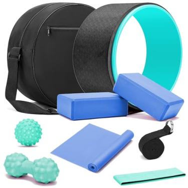 Imagem de HNCTINNO Conjunto de rodas de ioga tudo em um, roda de rolo de espuma macia para dor nas costas e alongamento, pacote com 2 blocos de ioga com alça, bola de massagem terapêutica de ponto de gatilho