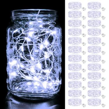 Imagem de btfarm Pacote com 24 luzes de fadas operadas a pilha, 3 modos de 2,12 m, 20 luzes de LED, mini cordão de luzes a granel, fio prateado à prova d'água para potes de pedreiro, vasos de casamento de Natal