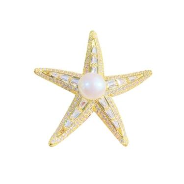 Imagem de Broche de estrela do mar elegante para mulheres, imitação de tom dourado, zircônia cúbica gelada, broches de pérola, moda, estrela do mar, alfinetes, acessórios de vestido para festa na praia, joias