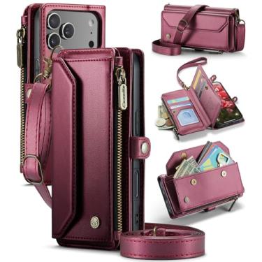 Imagem de Capa para iPhone 17 Pro, carteira transversal para iPhone 17 Pro, suporte com bloqueio de RFID, compartimentos para cartão de carregamento sem fio, bolsa de ombro de couro PU, alça ajustável, vinho