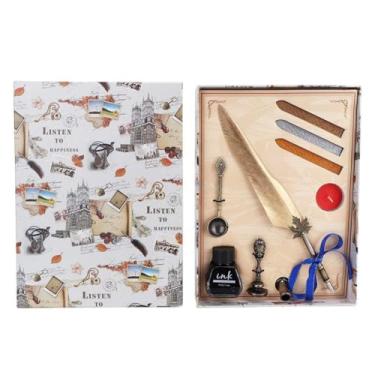 Imagem de Caneta-tinteiro de penas vintage Caneta de caligrafia Quill Dip Pen Elegante Antigo Ferramenta de escrita exclusiva para artistas Escritores Estudantes Decoração de casa Presente (Ouro)