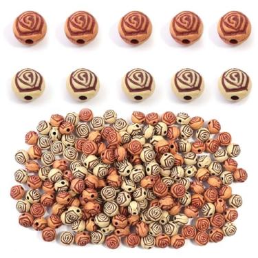 Imagem de Juimtien 200 peças imitação de contas de flor rosa de madeira de 8 mm madeira falsa vintage floral redondo berloque espaçador de acrílico para fazer joias, colar de rosário, pulseira, artesanato, 2