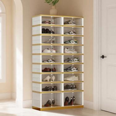 Imagem de SYNCVIBE Organizador de sapatos dobrável, organizador de sapatos dobrável, 9 camadas, 36 pares de caixas de armazenamento de sapatos, sapateira dobrável com portas magnéticas transparentes