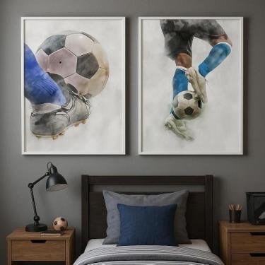 Imagem de Kit 2 Canvas Quarto Menino Futebol Aquarela- - Quadros On-Line
