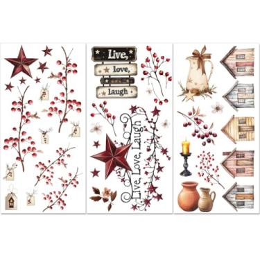 Imagem de PLIGREAT Adesivos de transferência vintage com 3 folhas, estrelas do campo e frutas vermelhas para móveis e artesanato, adesivos de transferência à prova d'água de 15,24 x 30,5 cm para cômoda de