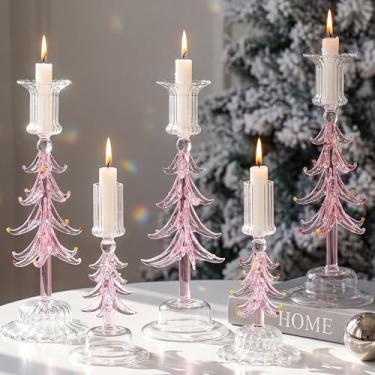 Imagem de Pinkunn 5 peças de castiçais cônicos para árvore de Natal de 15 cm e 23 cm de altura para castiçais de vidro de Natal de 2 cm, suporte de castiçal canelado, rosa, para decoração de festa de mesa