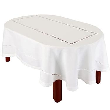 Imagem de Grelucgo Toalha de mesa oval de jantar com costura dupla de cor sólida (Off White, Oval 152 x 304 cm)