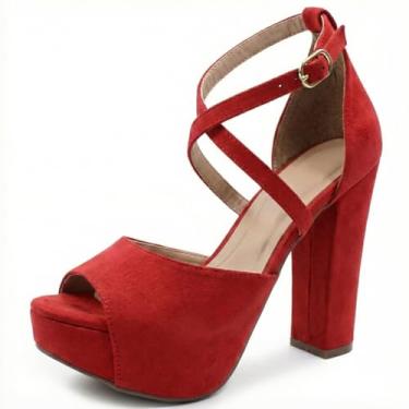 Imagem de Sandália Re&Ton Meia Pata Salto Grosso Tiras Feminina MP36 (Vermelho, BR, Adulto, Numérico, 34)