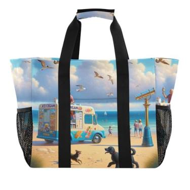 Imagem de ODAWA Sacola de lona para férias, organizador de compras de supermercado, bolsas esportivas leves, praia de verão à beira-mar, Praia de verão à beira-mar, One Size