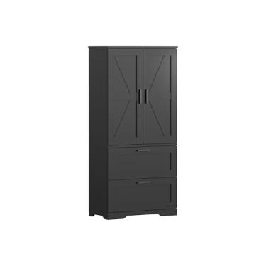 Imagem de Armazenamento de despensa de cozinha de 2 portas, armário de armazenamento de madeira sem alimentos com 2 gavetas e prateleiras ajustáveis, armazenamento versátil de fazenda moderna para cozinha, sala