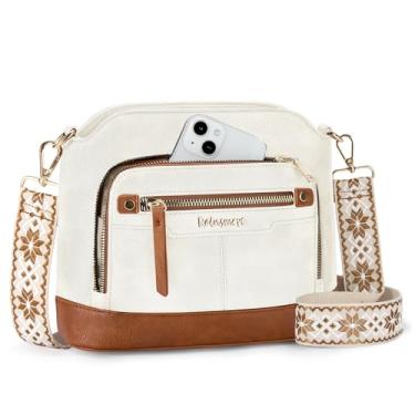 Imagem de RAINSMORE Bolsas transversais femininas de couro à prova d'água, bolsa de ombro, bolsa transversal, bolsa de viagem, Branco-marrom, 9.65 x 3.93 x 7.48 inches, Macio e elegante