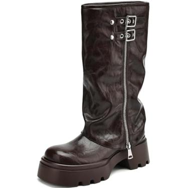 Imagem de TEAIEUI Botas femininas dobráveis, plissadas, largas, de panturrilha, plataforma grossa, adequadas para andar de moto rave, uso casual, Marrom, 41