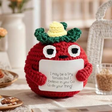 Imagem de Sobremesa artística de crochê positiva – decoração fofa de tomate de desenho animado, kits de crochê feitos à mão, festival, aniversário, presentes de Natal para mulheres ou homens