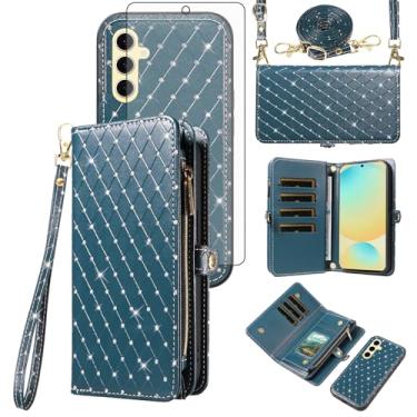 Imagem de Capa de celular para Samsung Galaxy S24 FE 5G carteira com zíper destacável com protetor de tela de vidro temperado alça transversal com glitter flip compartimento para cartão S 24 EF S24FE 24S