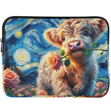 Imagem de Capa para notebook personalizada Starry Night Highland Cow Rose Flower Puffy Laptop Sleeve Cores brilhantes Capa para laptop universal 13-14 polegadas