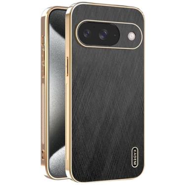 Imagem de Yarxiawin Capa de telefone para Google Pixel 10 Pro à prova de choque, textura de fio dourado para Google Pixel 10 Pro, capa de silicone fina galvanizada preta de couro anti-impressão digital (preto)