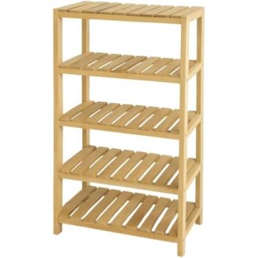 Imagem de Estante de cinco prateleiras, feita de madeira de pinho.