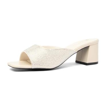 Imagem de NEWBELLA Sandálias femininas enfeitadas com cristal – bico quadrado sem cadarço com salto médio grosso, chinelos de salto confortável para uso diário e escritório, Damasco, 41