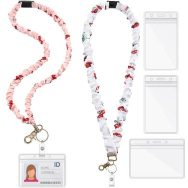 Imagem de Geyoga Conjunto de 2 cordões para professores com fivela de segurança para crachás de identificação e suporte retrátil para presente de professor de escritório (cereja, rosa branco)