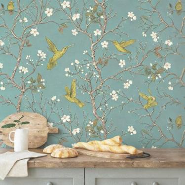 Imagem de Decotalk Papel de parede autoadesivo com árvore de pássaro, 44,5 x 304,8 cm, papel de parede floral