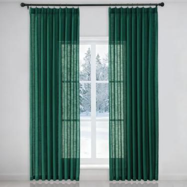 Imagem de Ftinala Cortinas verde-escuras plissadas semitransparentes, 224 cm de comprimento, cortinas de linho texturizadas Emerald Hunter para sala de estar, painéis de janela de porta de vidro deslizante, aba