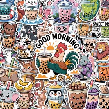 Imagem de Boba Bubble Tea Adesivos 60 Pçs Vinil Impermeável para Laptop Bagagem Capacete Copos Engraçado Bonito Pacote de Adesivos Aleatórios Adolescentes Meninas Adultos Meninos Estético Pequenos Decalques