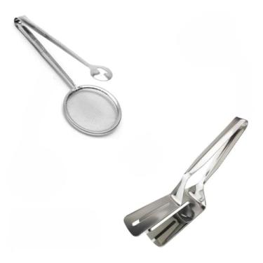 Imagem de Pegador Inox Fritura Escumadeira Pinça Peneira + Espátula Dupla Para Carne Ovo Pizza Cozinha (Pegador Espatula 1Uni)