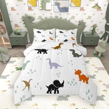 Imagem de jejeloiu Conjunto de edredom de dinossauro para todas as estações, desenho animado de dinossauro, com 1 fronha, fofo, de microfibra, animal kawaii, para decoração de quarto, edredom respirável, macio