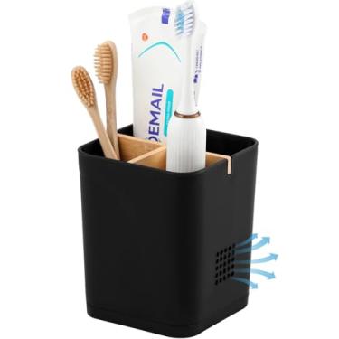 Imagem de Suportes de escova de dentes para banheiros, 3 compartimentos para escovação de dentes com divisórias de bambu, escova de dentes elétrica de plástico e organizador de pasta de dente para pia, balcão, chuveiro, penteadeira, preto