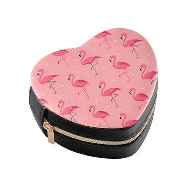Imagem de Burbuja Caixa de joias em forma de coração rosa flamingo mini estojo de joias de viagem para mulheres e meninas, estojo portátil organizador de armazenamento para brincos, anéis, colares e pulseiras