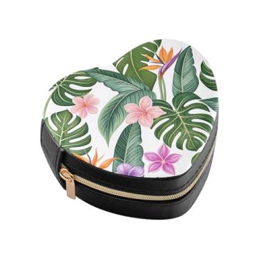 Imagem de Burbuja Caixa de joias em forma de coração com flores tropicais, mini estojo de viagem para mulheres e meninas, organizador portátil de armazenamento para brincos, anéis, colares e pulseiras