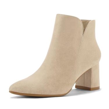 Imagem de mysoft Bota feminina de cano baixo, salto grosso, confortável, bico fino, recorte em V, elegante, bota de escritório com zíper, Camurça nu, 38