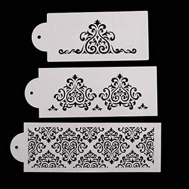 Imagem de Conjunto de 3 peças de estêncil de flores para decoração de bolos, molde de cobertura de renda para fondant de plástico para assar mousse e sobremesas, branco