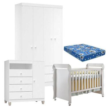 Imagem de Quarto De Bebê 4 Portas Ternura Baby Com Berço Mirelle Branco Brilho Com Colchão - Incorplac