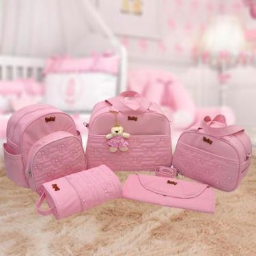 Imagem de Kit bolsa maternidade menino menina 5 peças luxo rosa - Isadora Baby