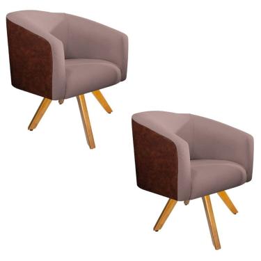 Imagem de Kit 02 Poltronas Base Giratória De Madeira Nozes E Rosê