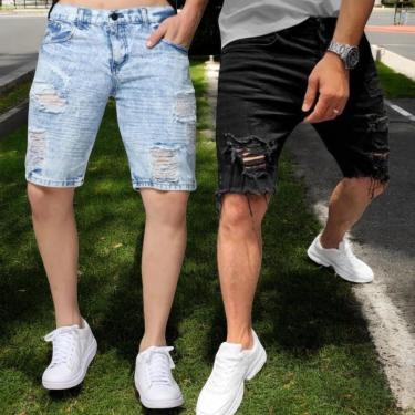 Imagem de Kit 2 Bermudas JEANS RASGADA Masculinas Casual Elastano Short Slim Preta Azul Azul Claro 1047-Masculino