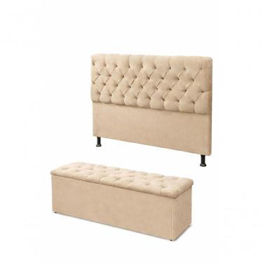 Imagem de Kit Cabeceira De Cama Box Com Calçadeira Baú Mirage Capitonê Casal 140 Cm Suede Bege Eli Móveis E Decoração